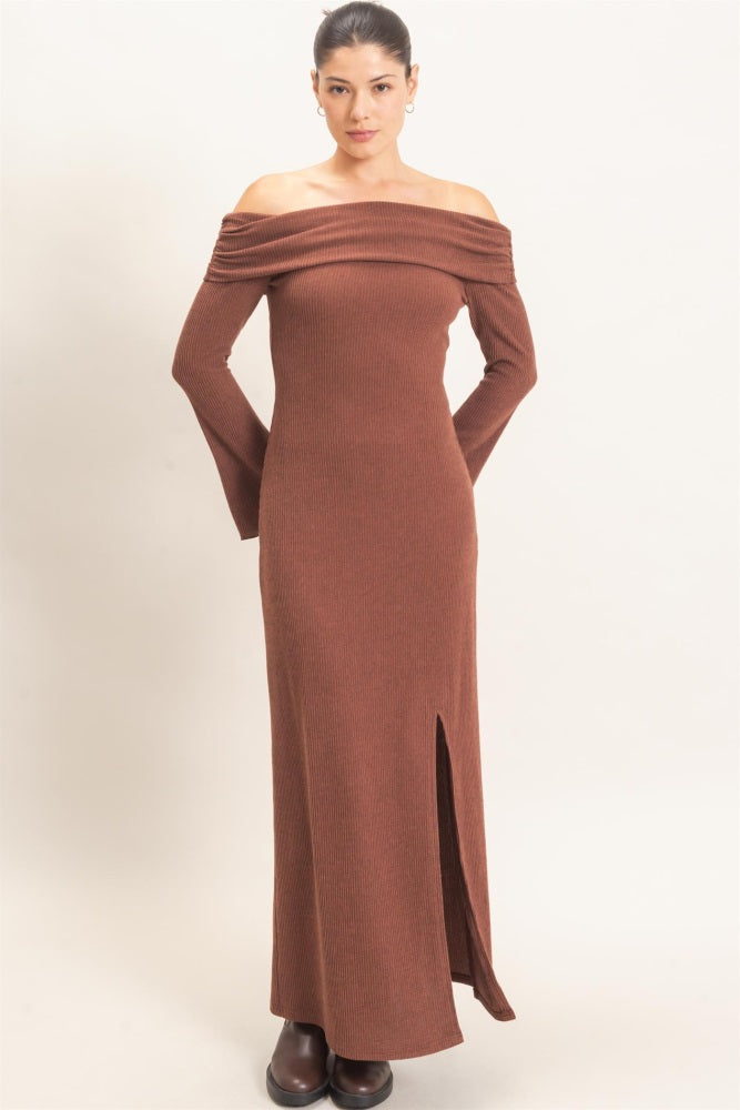 Brown Off-Shoulder Long Sleeve Maxi Dress