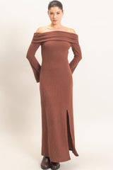 Brown Off-Shoulder Long Sleeve Maxi Dress