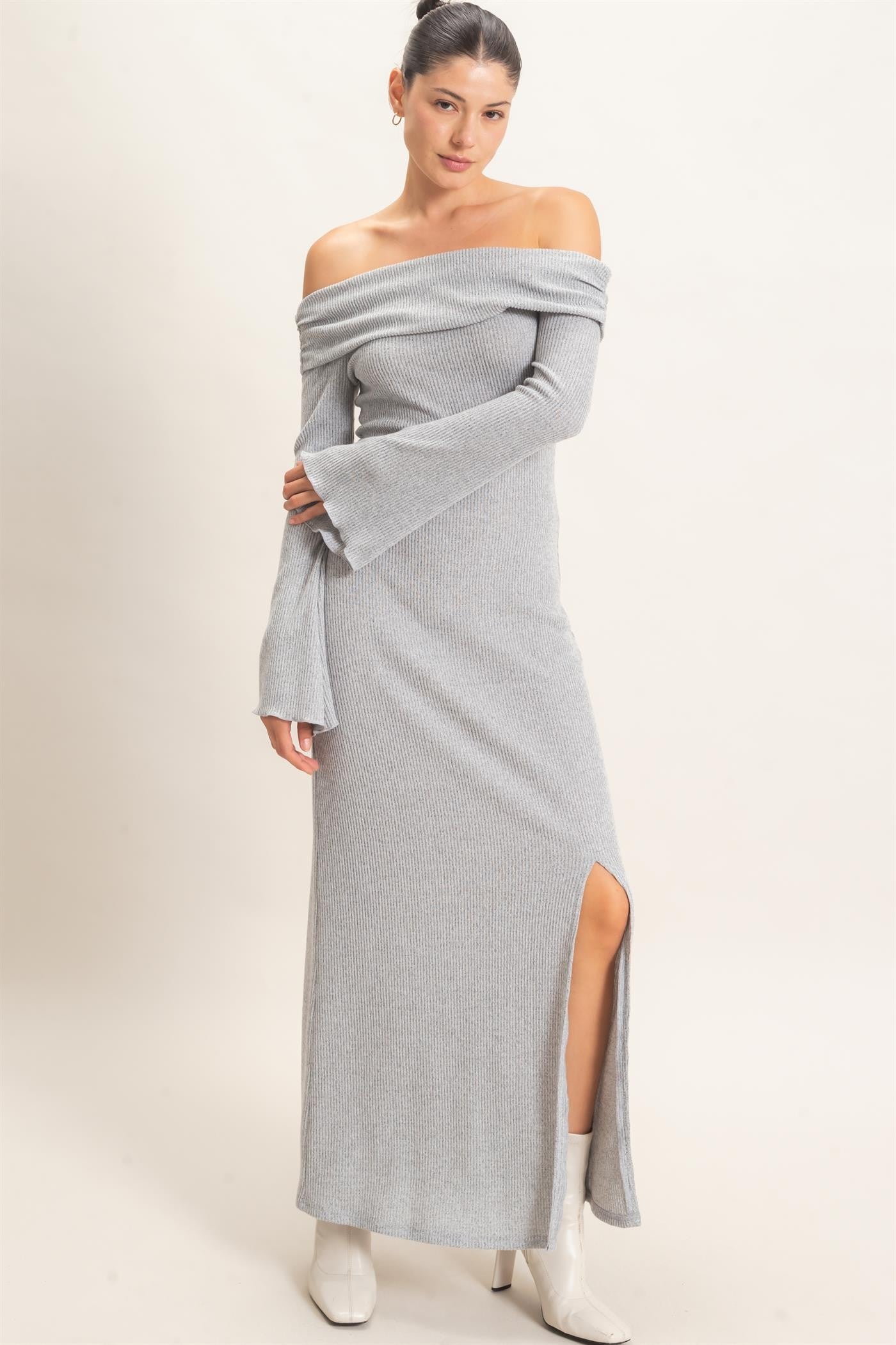 Grey Off-Shoulder Long Sleeve Maxi Dress