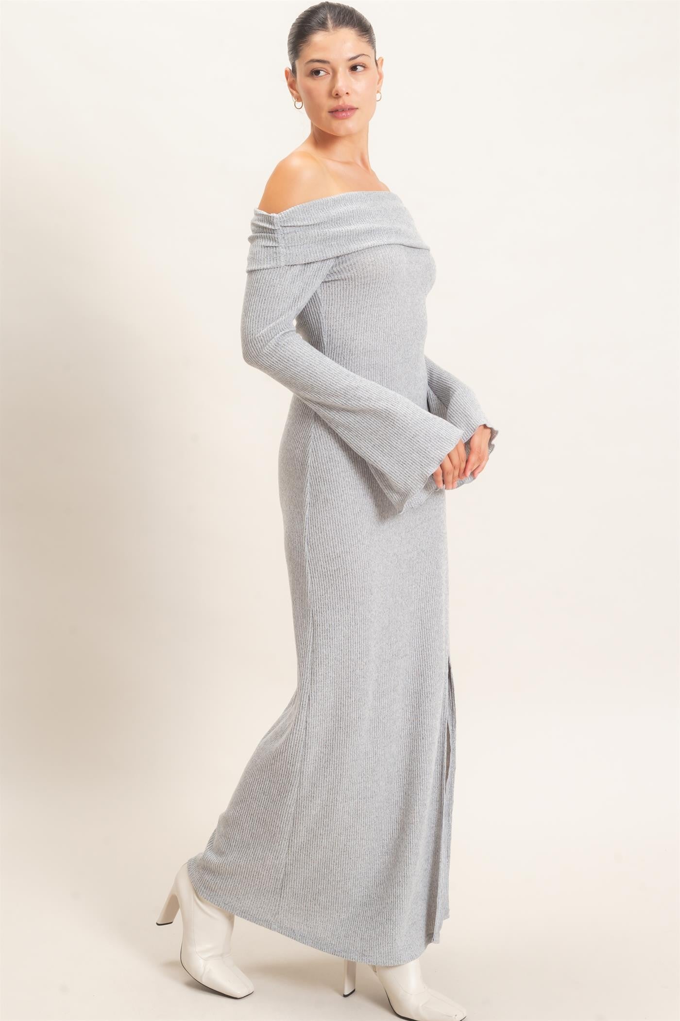Grey Off-Shoulder Long Sleeve Maxi Dress