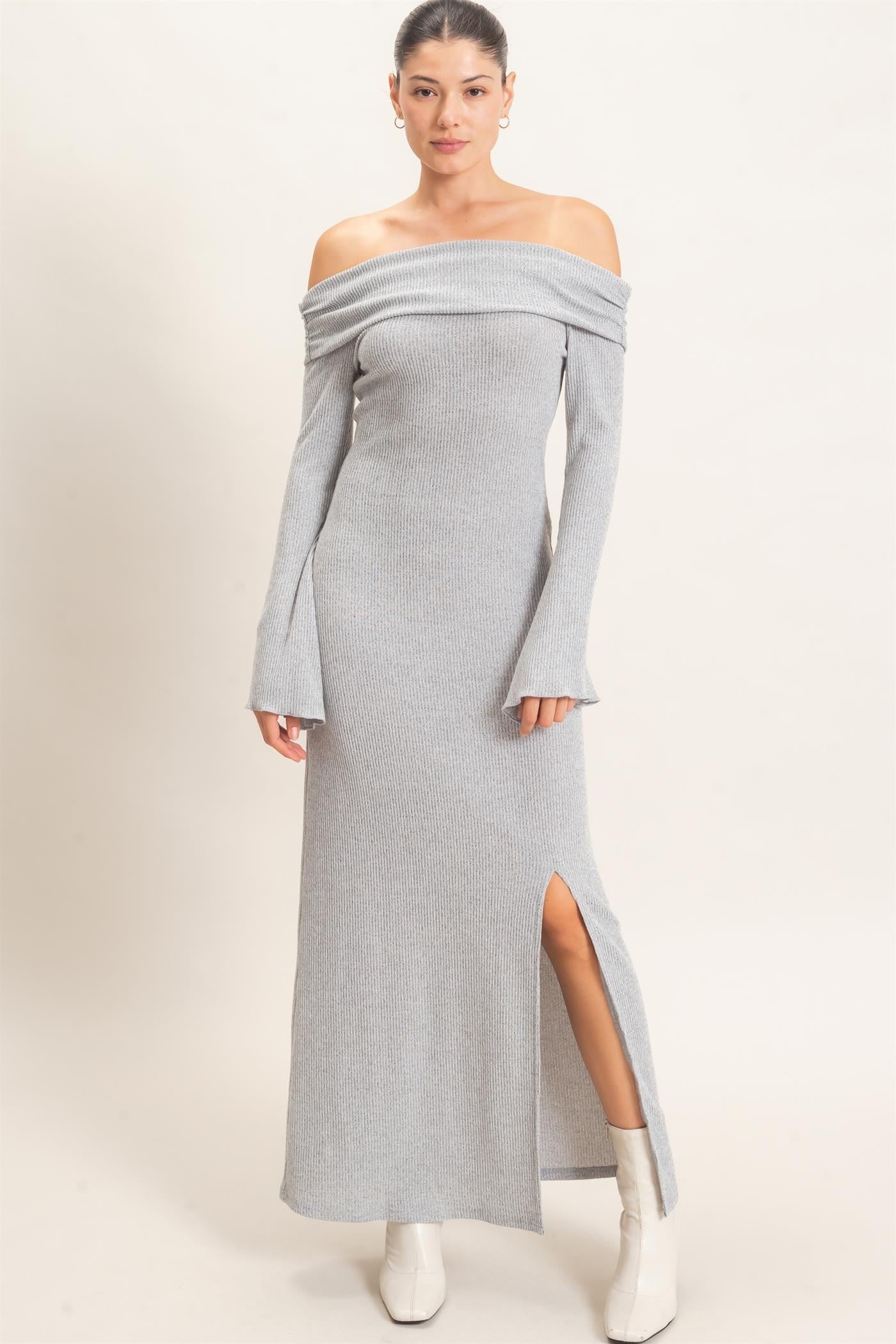 Grey Off-Shoulder Long Sleeve Maxi Dress