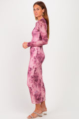 Light Pink Floral Mesh Long Sleeve Midi Dress