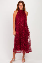 Burgundy Sequin Embroidered Halter Neck Maternity Midi Dress