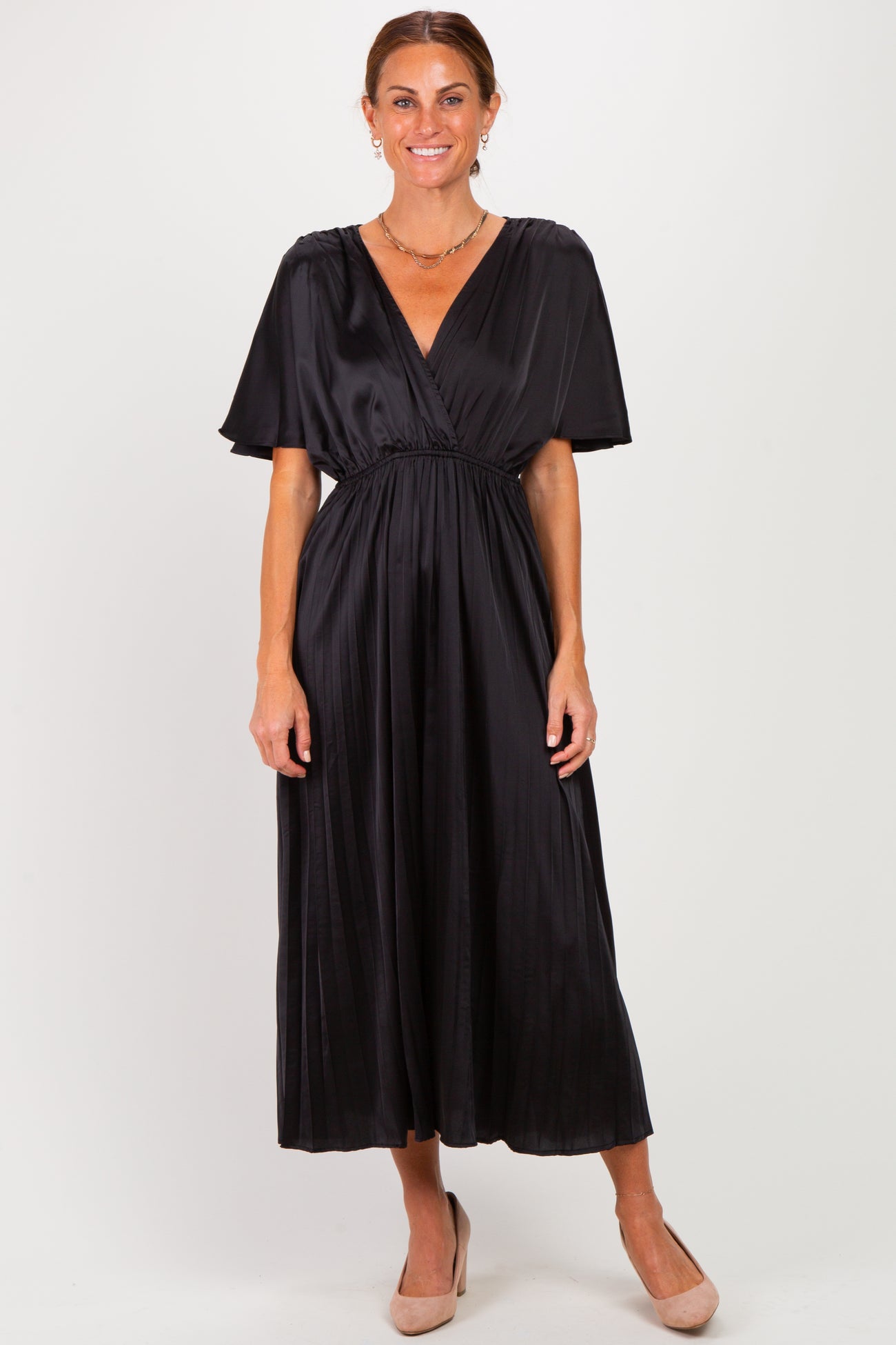 Black V-Neck Satin Pleated Maternity Midi Dress