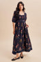 Black Smocked Floral Puffed Sleeve Maxi Dress