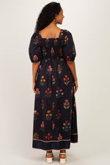 maternity wear floral maxi dress with puffed sleeves and smocked back, model shown from behind