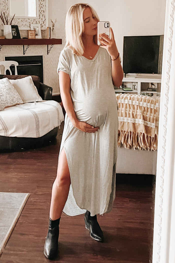 Grey Solid Short Sleeve Maternity Maxi Dress