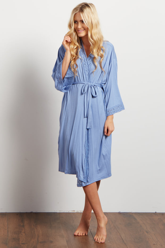 PinkBlush Blue Crochet Trim Delivery/Nursing Maternity Robe