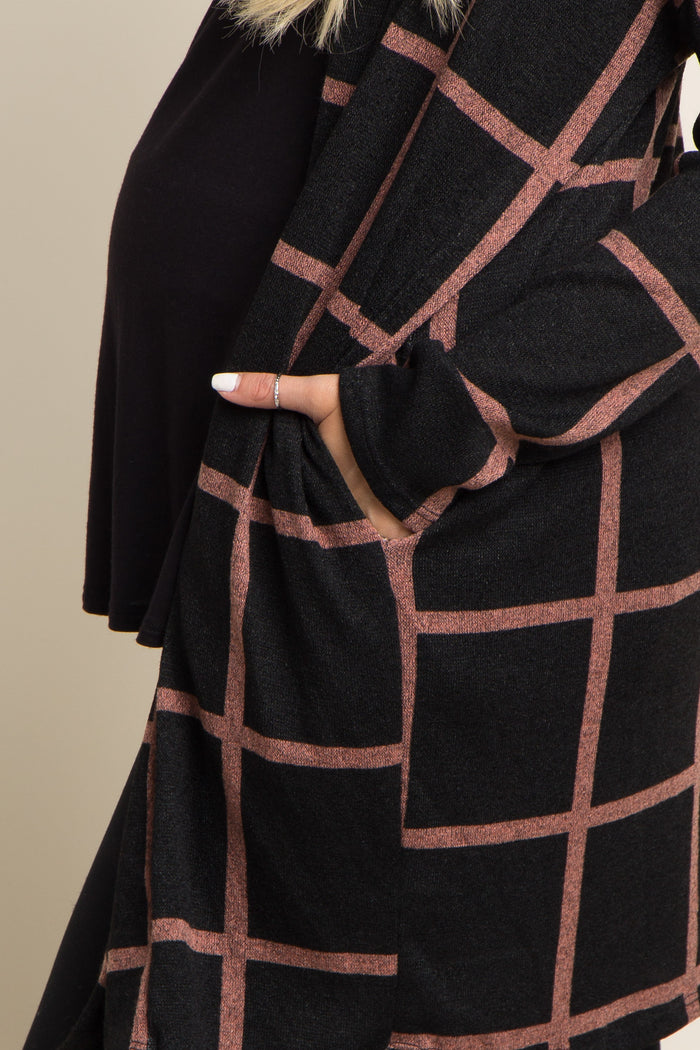 PinkBlush Black Plaid Long Knit Maternity Cardigan