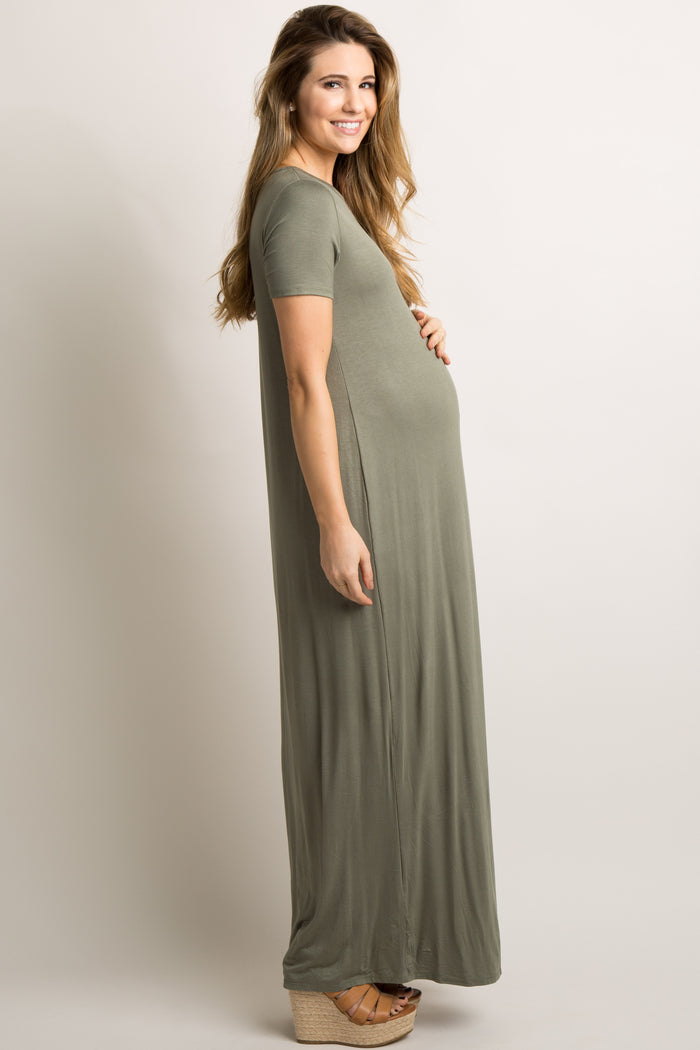 PinkBlush Olive Basic Side Slit Maternity Maxi Dress