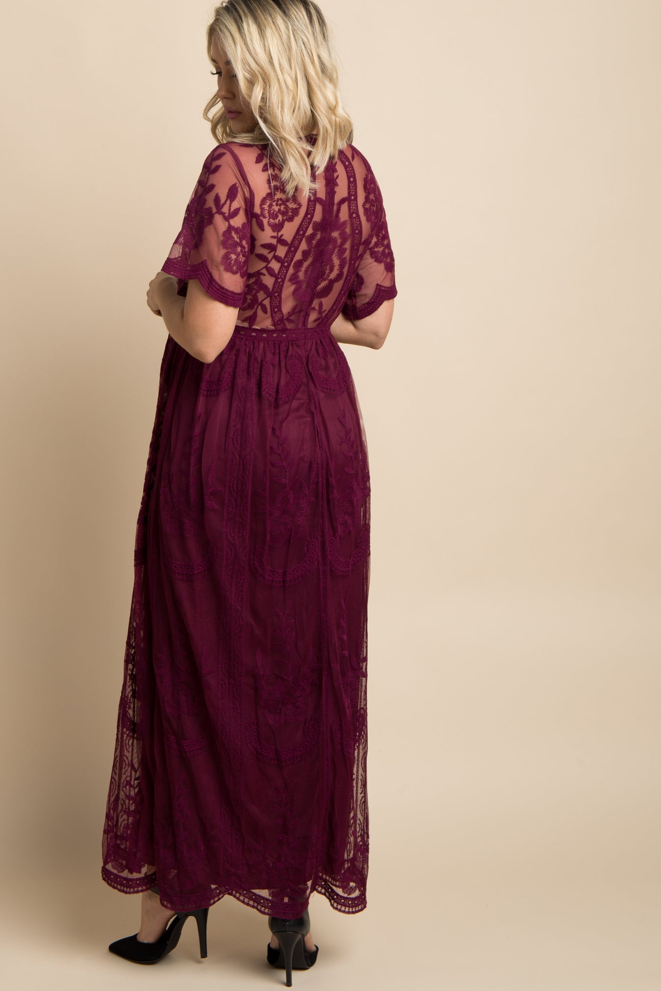 Burgundy Lace Mesh Overlay Maternity Maxi Dress