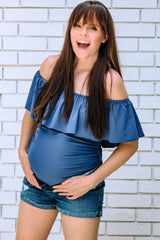 Blue Grey Ruffle Trim Ruched One-Piece Maternity Swimsuit