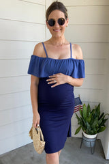 Blue Grey Ruffle Trim Ruched One-Piece Maternity Swimsuit