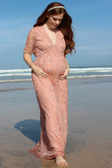 Light Pink Lace Mesh Overlay Maternity Maxi Dress