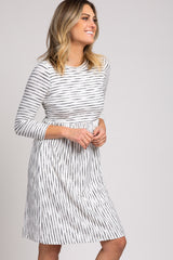 Ivory Ribbed Striped Pleated Midi Dress