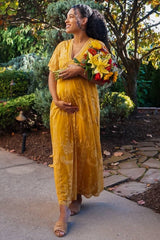 PinkBlush Mustard Lace Mesh Overlay Maternity Maxi Dress