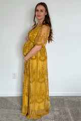PinkBlush Mustard Lace Mesh Overlay Maternity Maxi Dress