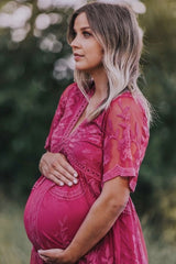 PinkBlush Magenta Lace Mesh Overlay Maternity Maxi Dress
