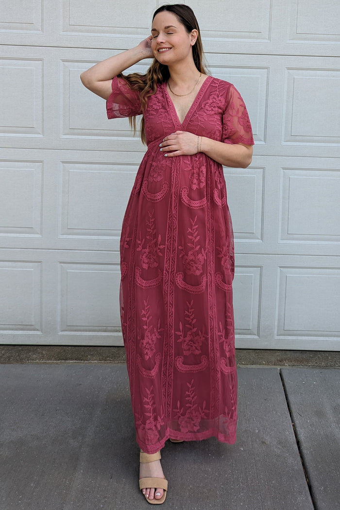 PinkBlush Magenta Lace Mesh Overlay Maternity Maxi Dress