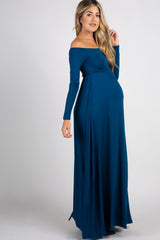 PinkBlush Dark Teal Solid Off Shoulder Maternity Maxi Dress