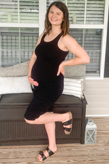 Black Solid Ruched Fitted Maternity Bodycon Midi Dress