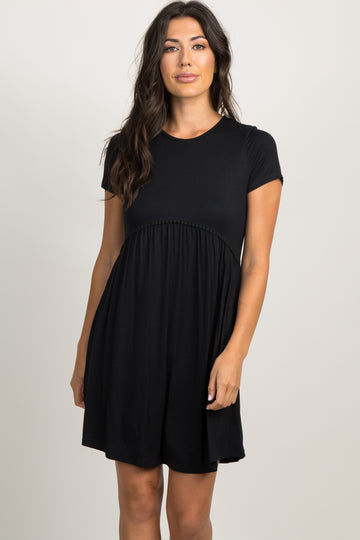 PinkBlush Black Solid Crochet Trim Shift Dress