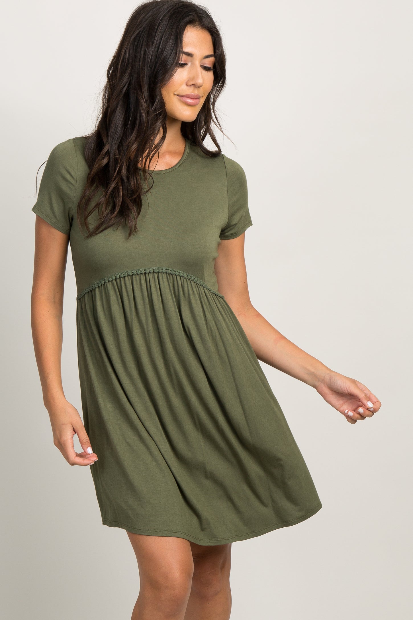 PinkBlush Olive Solid Crochet Trim Maternity Shift Dress