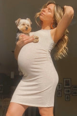 PinkBlush Beige Sleeveless Ruched Fitted Maternity Dress