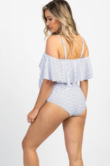 PinkBlush White Striped Ruffle Trim Ruched One-Piece Maternity Swimsuit