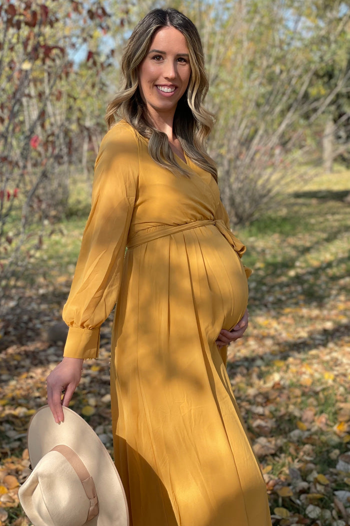 Yellow Chiffon Long Sleeve Pleated Maternity Maxi Dress