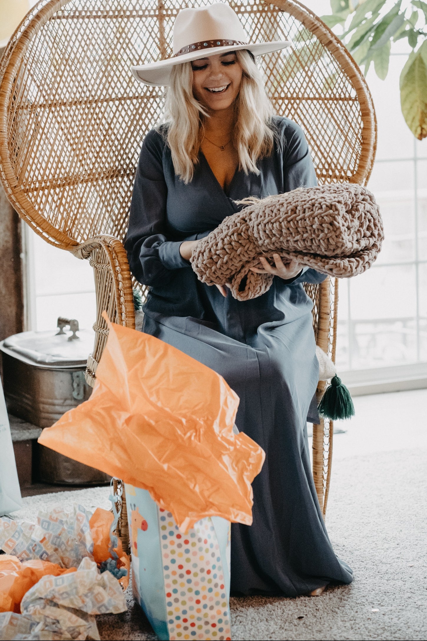 Blue Chiffon Long Sleeve Pleated Maternity Maxi Dress