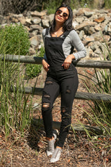 Black Distressed Denim Maternity Overalls