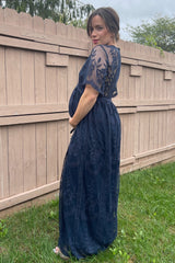 PinkBlush Navy Blue Lace Mesh Overlay Maternity Maxi Dress