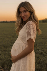 PinkBlush Cream Lace Mesh Overlay Maternity Maxi Dress