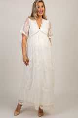 PinkBlush Cream Lace Mesh Overlay Maternity Maxi Dress