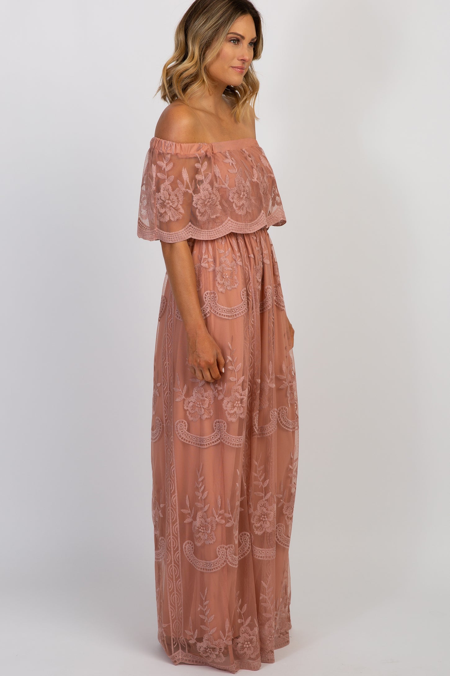 Light Pink Lace Mesh Overlay Off Shoulder Maxi Dress