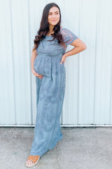 Blue Lace Mesh Overlay Off Shoulder Maternity Maxi Dress