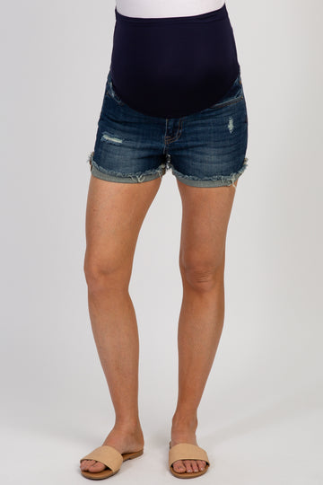 PinkBlush Navy Blue Distressed Rolled Hem Maternity Shorts