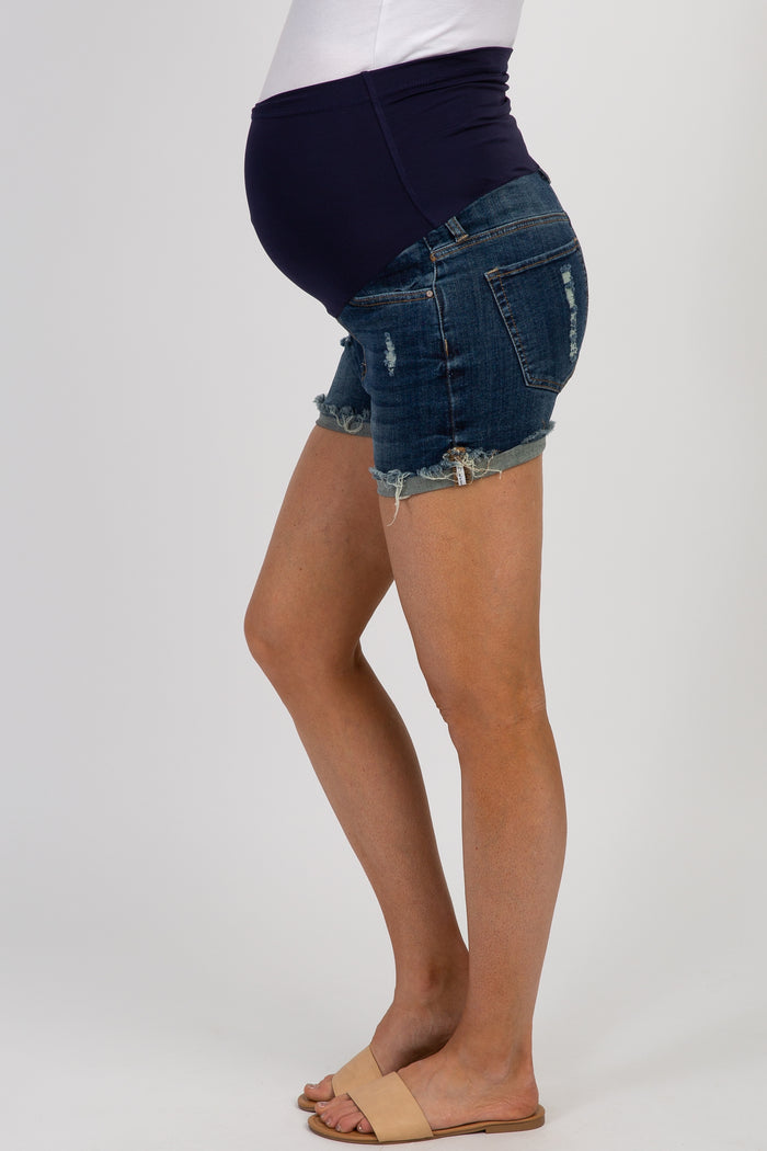 PinkBlush Navy Blue Distressed Rolled Hem Maternity Shorts