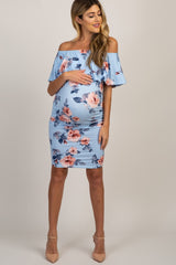 Light Blue Rose Print Ruffle Fitted Maternity Dress