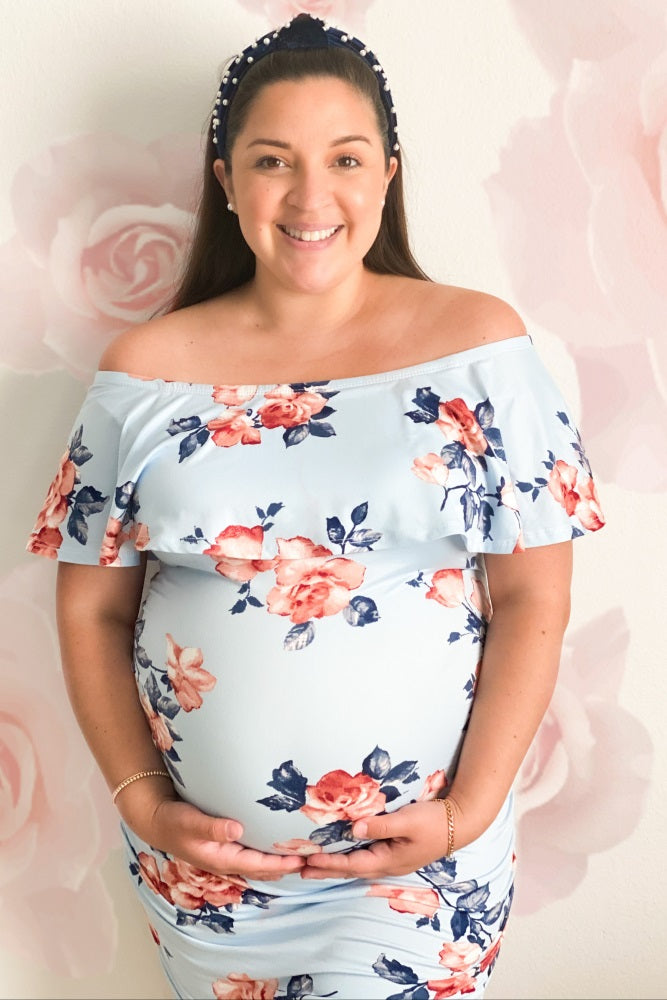 Light Blue Rose Print Ruffle Fitted Maternity Dress
