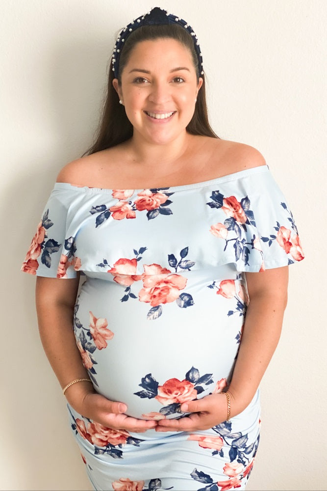 Light Blue Rose Print Ruffle Fitted Maternity Dress
