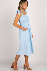 Light Blue Strap Tie Smocked Dress