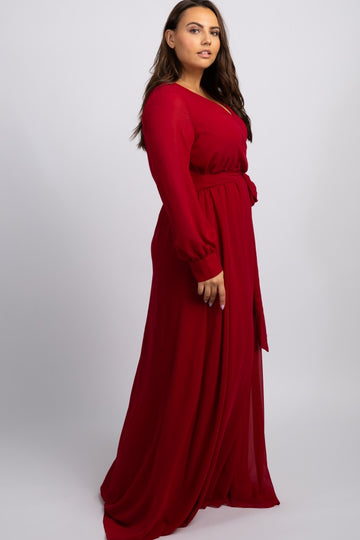 Burgundy Chiffon Long Sleeve Pleated Plus Maxi Dress