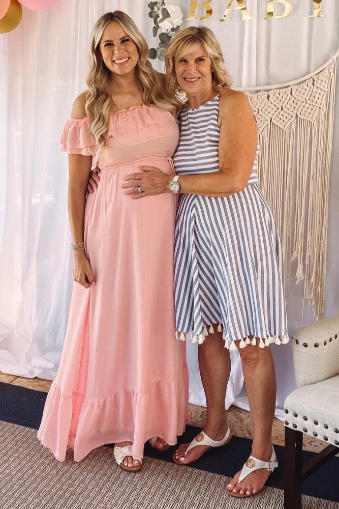Pink Off Shoulder Tassel Tie Maternity Maxi Dress