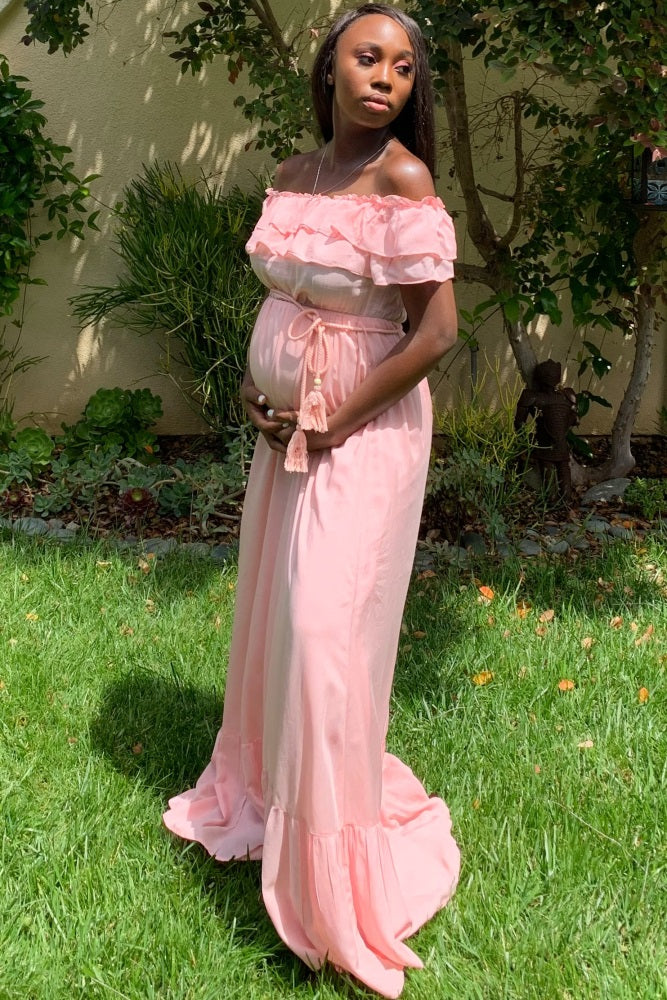 Pink Off Shoulder Tassel Tie Maternity Maxi Dress