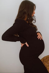 Black V-Neck Long Sleeve Fitted Maternity Maxi Dress