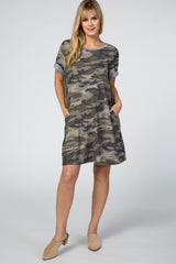 Olive Camo Cuff Sleeve Maternity Dress