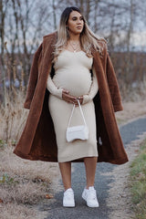 Taupe V-Neck Long Sleeve Fitted Maternity Maxi Dress