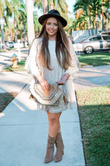 Beige Raw Edge Bell Sleeve Babydoll Dress